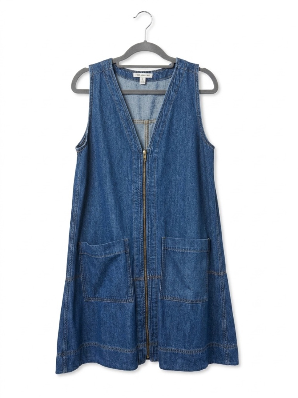 FREE ASSEMBLY DENIM ZIP FRONT JUMPER DRESS MEDIUM WASH CASUAL MINI SIZE S - Picture 2 of 7